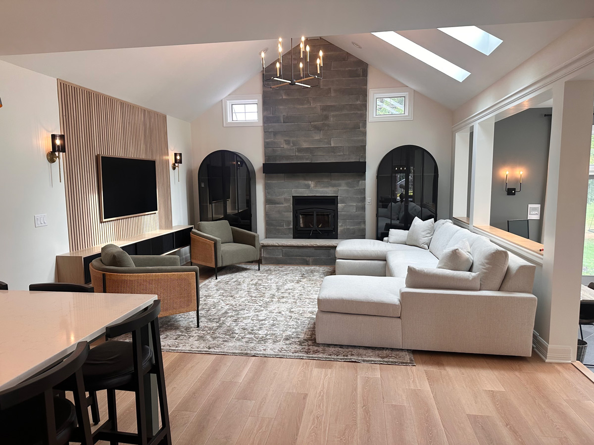 living room with skylights